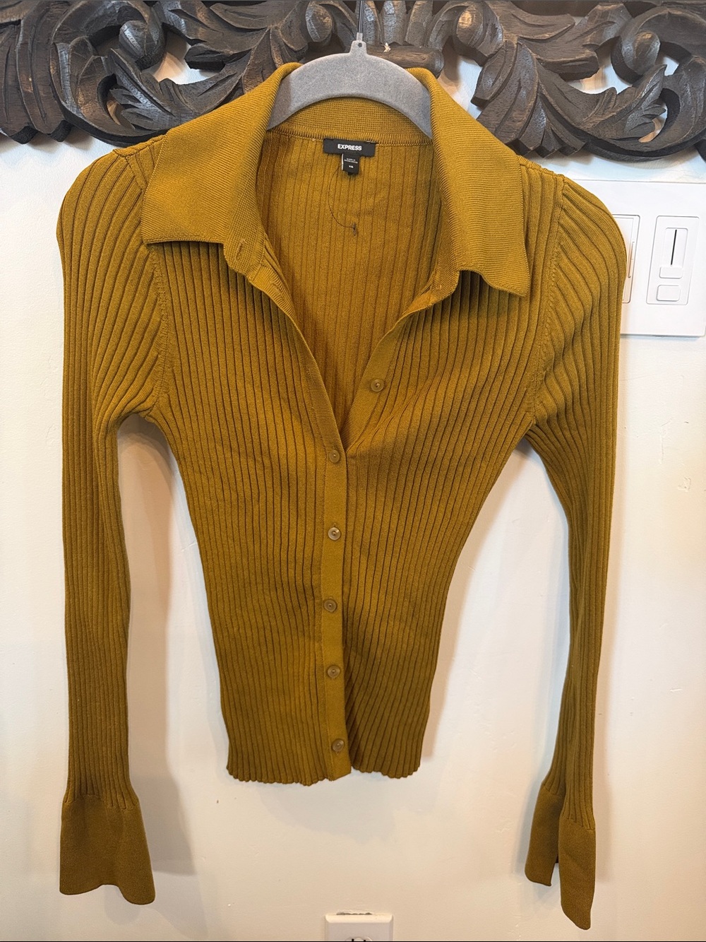 Express Ribbed Button-Up Cardigan Bell Sleeves Mustard Yellow New XS